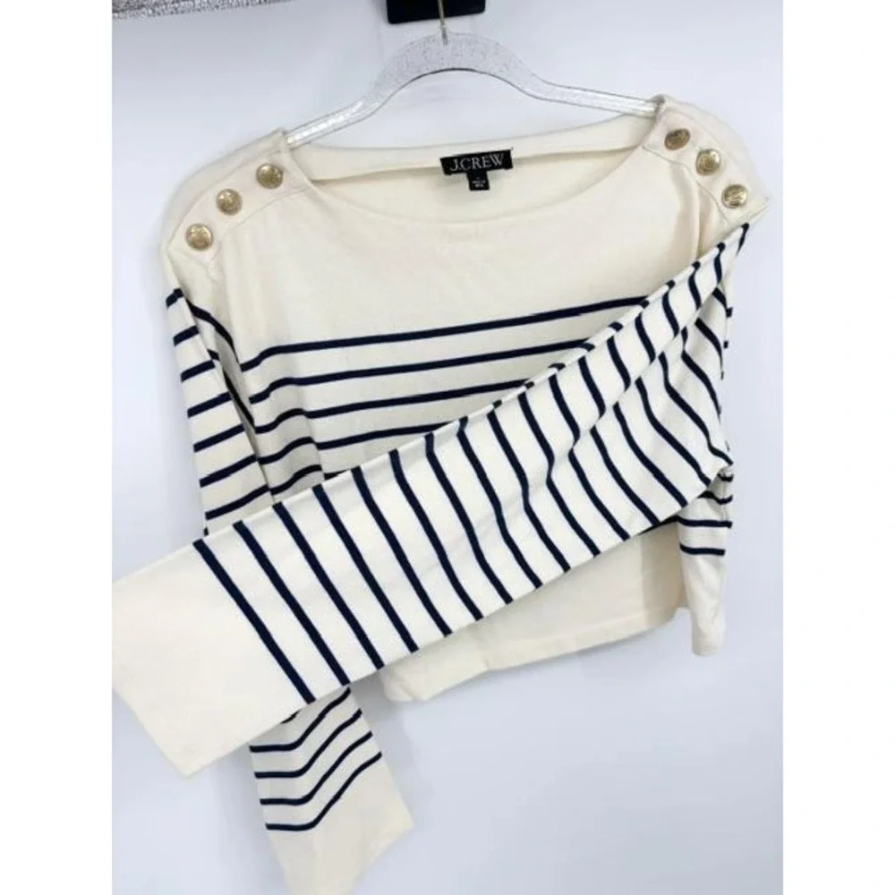 J Crew Cropped Boatneck T-Shirt With Buttons Mariner Cotton Nautical Size Medium